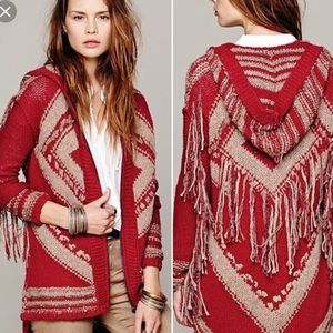 Free people geo fringe hooded cardigan red boho